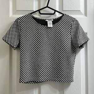 Bar III Black White Checkered Houndstooth Short Sleeve Blouse Crop Top